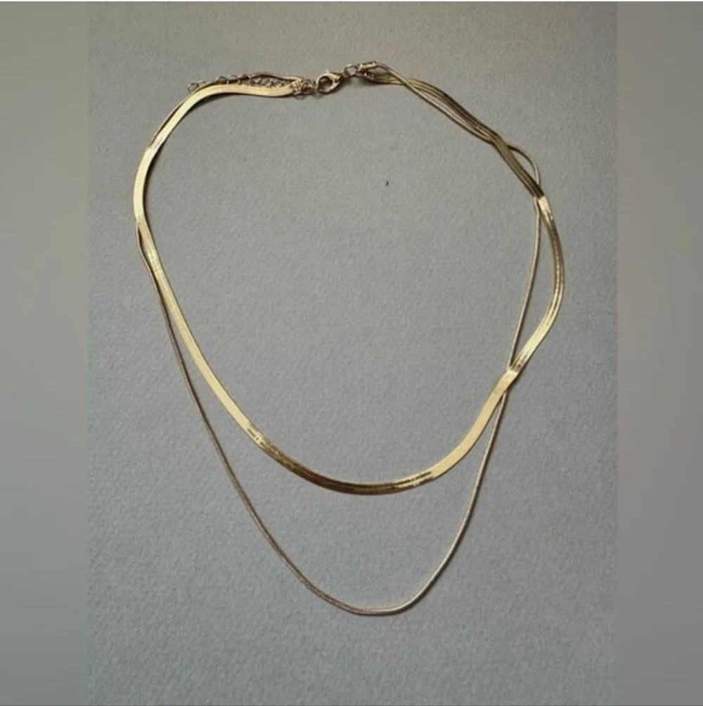 Anthropologie Layered Gold Herringbone Chain Necklace - Picture 2 of 3